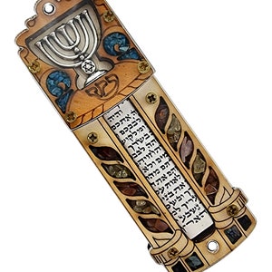Jewish MEZUZAH CASE with Hebrew Scroll Menorah Wood & Gemstones Judaica Home Protection Door Mezuza 4 inch Gift from Israel