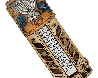 Jewish MEZUZAH CASE with Hebrew Scroll Menorah Wood & Gemstones Judaica Home Protection Door Mezuza 4 inch Gift from Israel