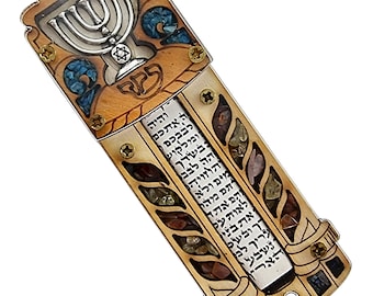 Jewish Mezuzah Case with Hebrew Scroll, Menorah, Gemstones, Judaica Door Decor
