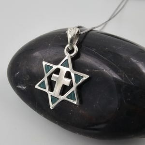 Green Malachite Star of David with Cross Necklace 925 Sterling Silver Messianic Pendant Israel Protection Handmade Jewelry Gift Pouch