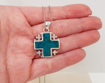 Malachite Jerusalem Cross Pendant, 925 Sterling Silver Crusaders Cross