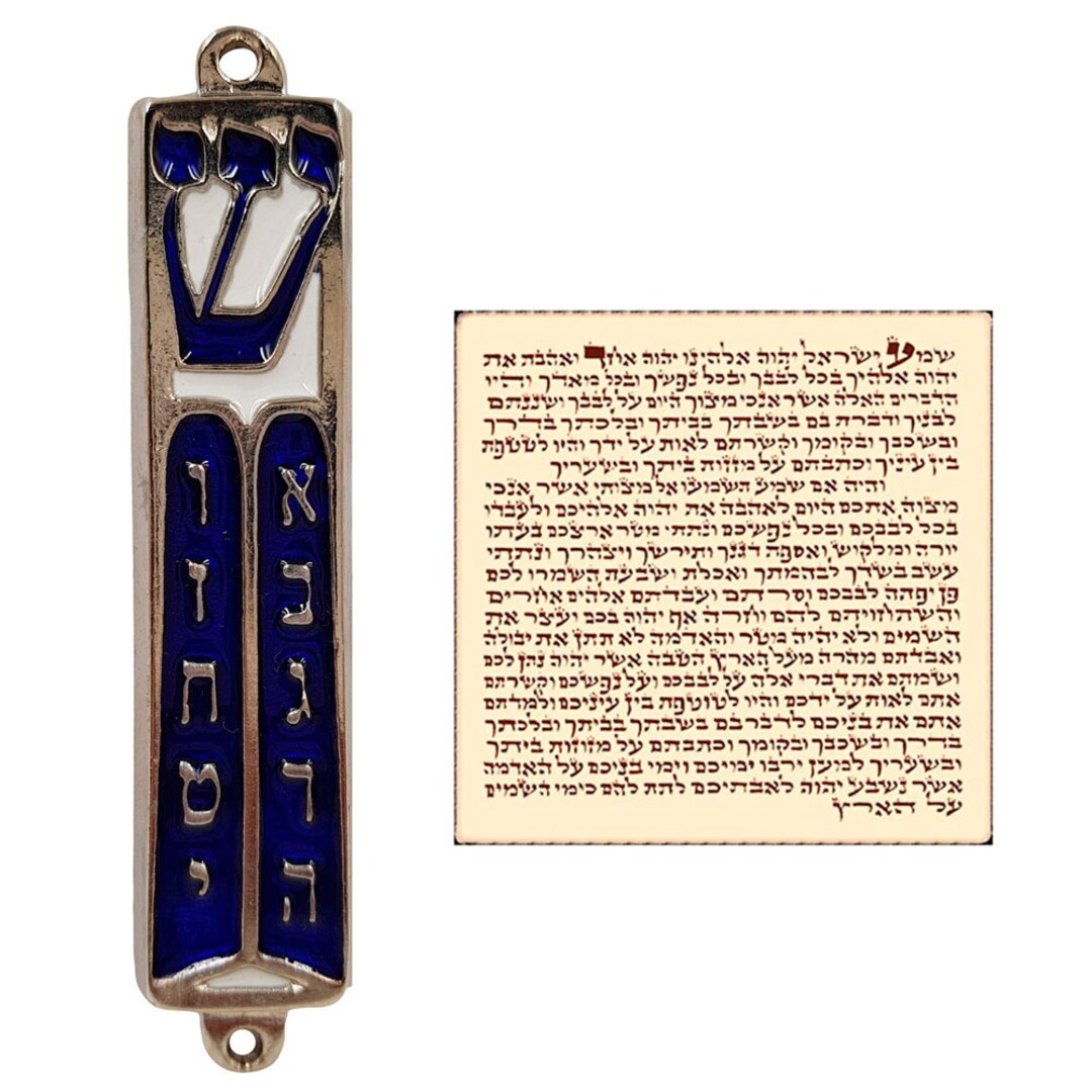 Ten Commandments Mezuzah With Hebrew Scroll Silver Tone Blue White
