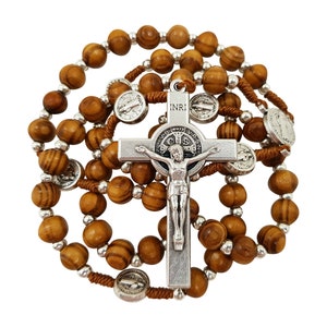 Olive Wood Rosary Beads Catholic Necklace with St Saint Benedict Medal Crucifix Jerusalem Cross Religious Gift Box