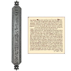 Silver Tone Metal Mezuzah with Scroll for Door Pomegranate Ornate Design Star of David Hebrew Shin Classic Mezuzah Israel Judaica Gift 5&quot;