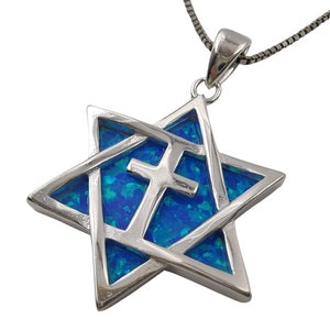 Blue Opal Star of David with Cross Necklace 925 Sterling Silver Messianic Pendant Israel Protection Handmade Jewelry Gift Pouch
