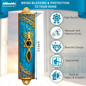 Blue Enamel Messianic Mezuzah with Scroll for Door Gold Plated Crystals Mezuzah from Israel Judaica Gift 8 cm image 4