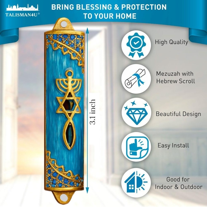 Blue Enamel Messianic Mezuzah with Scroll for Door Gold Plated Crystals Mezuzah from Israel Judaica Gift 8 cm image 4