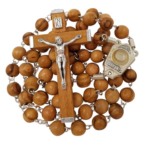 Olive Wood Rosary Beads Catholic Necklace with Jordan River Holy Water Medal Centerpiece Jerusalem Cross Crucifix Religious Gift