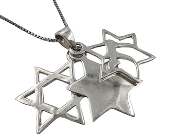 Triple Jewish Star of David 925 Sterling Silver Kabbalah Pendant Hebrew Chai Necklace Religious Jewelry Israel Judaica Gift