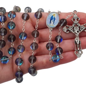 Blue Labradorite Catholic Rosary Beads Necklace Miraculous Medal Centerpiece Jesus Cross Crucifix Holy Land Christian Religious Gift