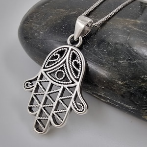925 Sterling Silver Hamsa Hand Necklace Evil Eye Protection Filigree Chamsa Pendant Good Luck Charm Jewelry Gift Silver Chain