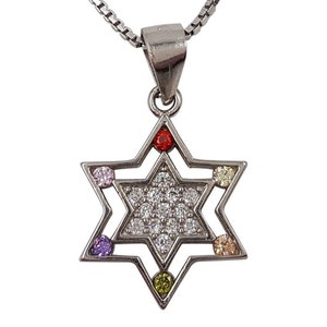 Jewish Star of David Necklace 925 Sterling Silver Pendant Multi Color Cubic Zirconia Israel Jewelry