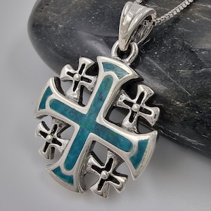 Green Malachite JERUSALEM CROSS Pendant 925 Sterling Silver Religious Catholic Jewelry Gift for Men Women with Holy Land Certificate