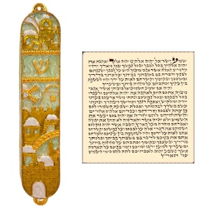 Green Ivory Enamel Jewish MEZUZAH CASE with Scroll Parchment Jerusalem City Design Israel Judaica Door Mezuza 4 Inch Home Protection Gift