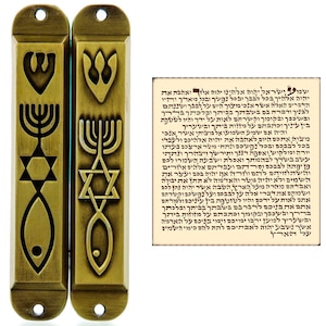 2er Set Messing Messianischer Mesusa-Fall mit Schriftrolle für Tür Menora Davidstern Jerusalem Messianisches Siegel 10 cm / 4 &quot;Heißer Schutz Geschenk