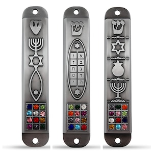 3er-Set Zinn-Mesusa-Fall mit Schriftrolle für Tür 3D Menora Davidstern Zehn Gebote 12 Stämme Israels Messianisches Siegelzujuda Geschenk