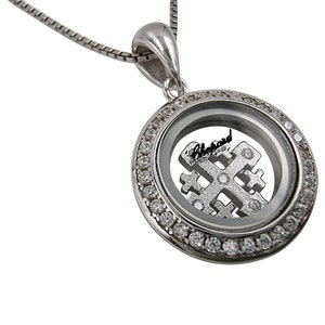 925 Sterling Silver JERUSALEM CROSS Floating Locket Charm Necklace Cubic Zirconia Glass Pendant with Certificate Religious Jewelry