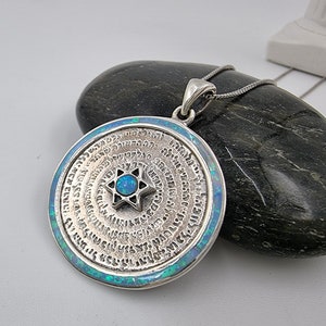 72 Holy Names Of God Hebrew Necklace Blue Opal Star Of David Pendant Kabbalah Israel Judaica Jewelry with 22 Inch Silver Chain