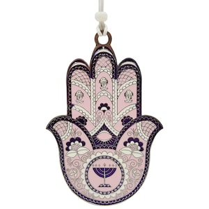 Good Luck Metal Hamsa Wall Hanging Home Décor Pink Purple Enamel Menorah Ornate Floral Design Evil Eye Protection Amulet Hamsa Hand Wall Art