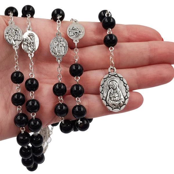 Seven Sorrows of Mary Rosary Chaplet Black Glass Beads Catholic Necklace Christian Religious Jewelry Gift Rosary Pouch