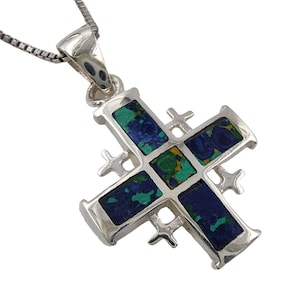 JERUSALEM CROSS Pendant 925 Sterling Silver Eilat Stone Crusaders Cross Necklace with Holy Land Certificate Religious Catholic Jewelry Gift