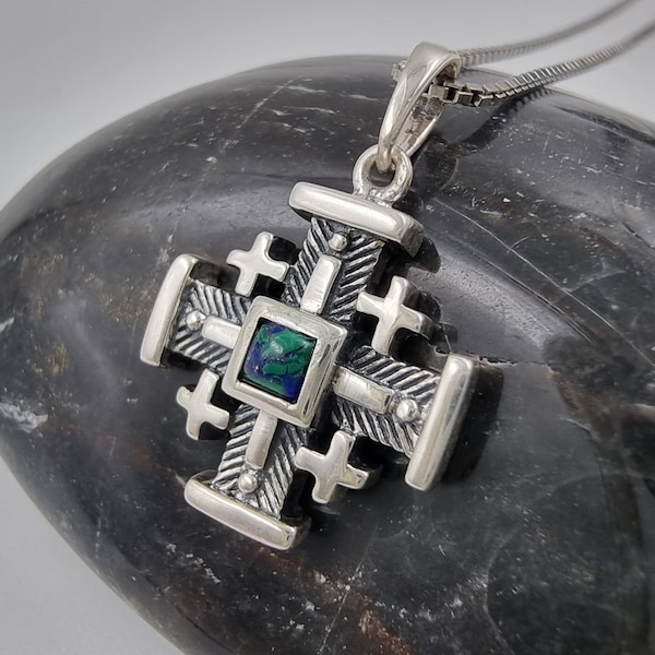 Collier Eilat Stone CROIX DE JÉRUSALEM en argent sterling 925 Pendentif Croix des croisés avec certificat Bijoux religieux catholiques Cadeau Terre Sainte