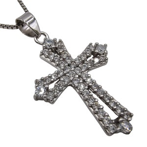 Catholic Cross Necklace Christian Pendant 925 Sterling Silver Cubic Zirconia Crystal Religious Jewelry Holy Land Gift Silver Chain