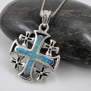Blue Opal JERUSALEM CROSS Necklace 925 Sterling Silver Crusaders Pendant with Certificate Religious Catholic Jewelry Gift Silver Chain