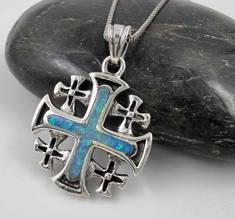 Blue Opal JERUSALEM CROSS Necklace 925 Sterling Silver Crusaders Pendant with Certificate Religious Catholic Jewelry Gift Silver Chain image 3