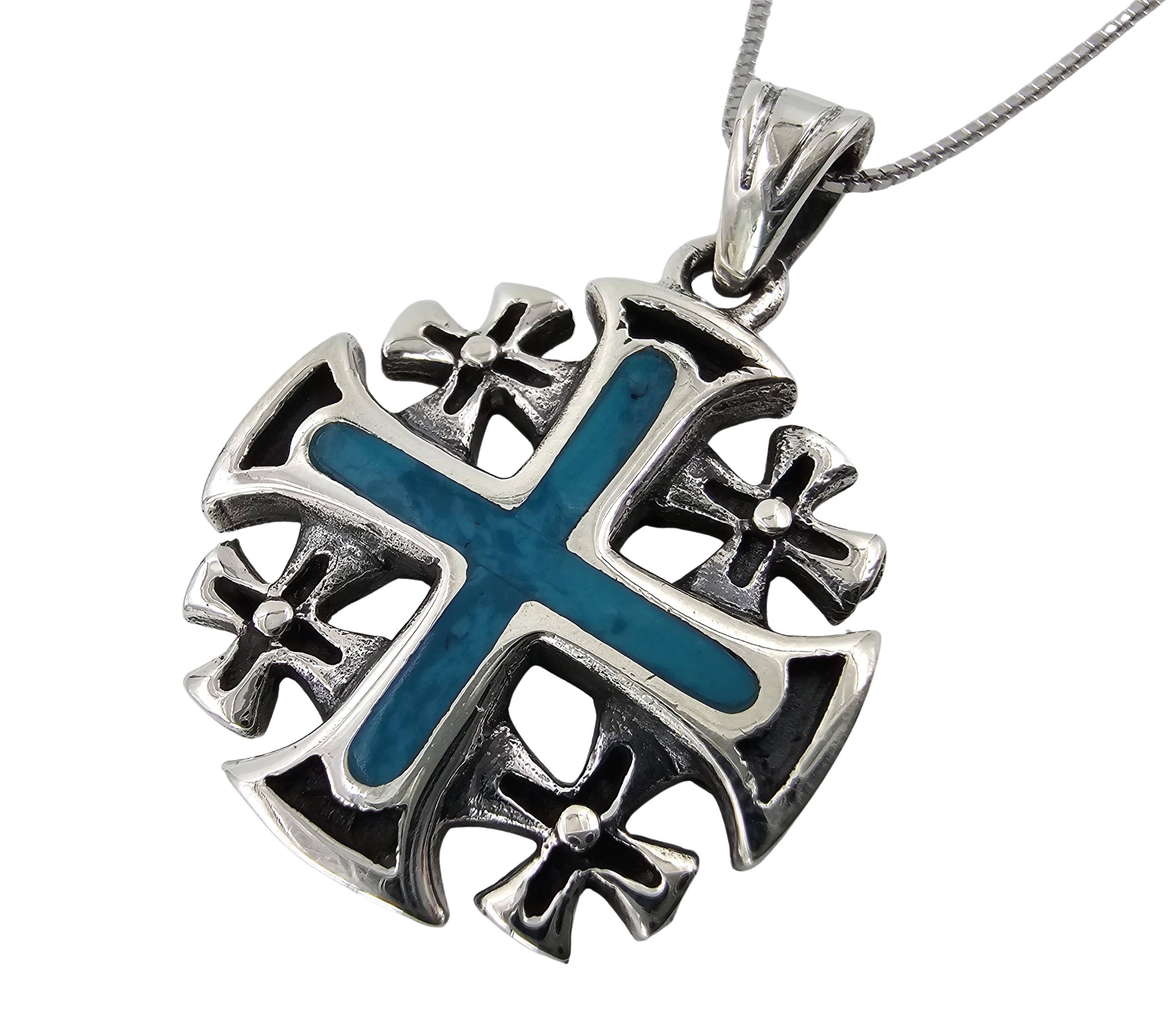 Ciondolo a forma di croce di Gerusalemme in malachite, argento sterling 925, gioielli religiosi - Italia
