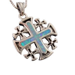 Blue Opal JERUSALEM CROSS Necklace 925 Sterling Silver Crusaders Pendant with Certificate Religious Catholic Jewelry Gift Silver Chain image 1