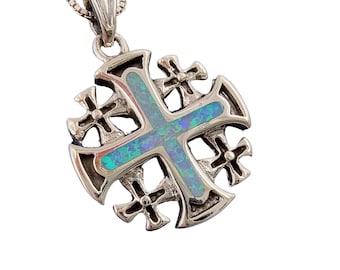 Blue Opal JERUSALEM CROSS Necklace 925 Sterling Silver Crusaders Pendant with Holy Land Certificate Religious Catholic Jewelry Gift