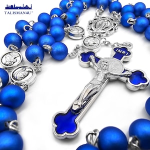 Rosario blu reale Collana cattolica per uomo Croce di San Benedetto Crocifisso Medaglia miracolosa Regalo religioso Custodia per rosario e biglietto di preghiera