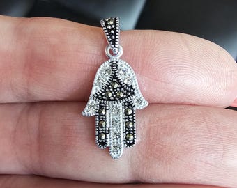 Sterling Silver Hamsa Pendant Necklace, Cubic Zirconia Evil Eye Charm