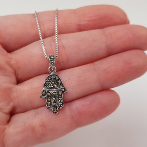 925 Sterling Silver Hamsa Hand Pendant Evil Eye Necklace Black Marcasite Good Luck Charm Woman&#39;s Girl&#39;s Jewelry