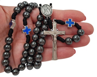 Catholic Rosary Necklace Black Hematite Beads Divine Mercy Medal Centerpiece Blue Cross Father Bead Christian Religious Gift with Pouch