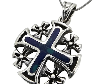 Lapis Lazuli JERUSALEM CROSS Necklace Crusader Pendant 925 Sterling Silver with Holy Land Certificate Religious Catholic Jewelry Gift
