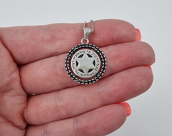 Sterling Silver Star of David Necklace, Hebrew Blessing Pendant, Black Crystals