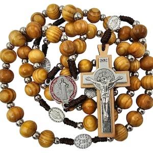 Wood Carved Beads Catholic Rosary Necklace with Saint Benedict Medal Centerpiece St Benedict Cross Crucifix Religious Gift Pouch