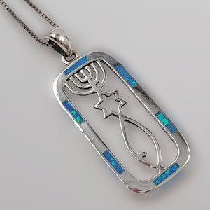 925 Sterling Silver Messianic Necklace Blue Opal Star of David Pendant Israel Menorah Jerusalem Seal Charm