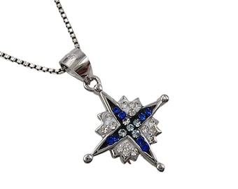 925 Sterling Silver Star of Bethlehem Necklace Blue & White Cubic Zirconia Crystals Good Luck Charm North Star Pendant Christmas Gift