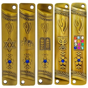 Set von 5 Messing jüdische MEZUZAH HÜLLE mit Schriftrolle 12 Stämme Israels David Menorah Hamsa Jerusalem Tür Mezuza 4 Zoll Judaica Geschenk