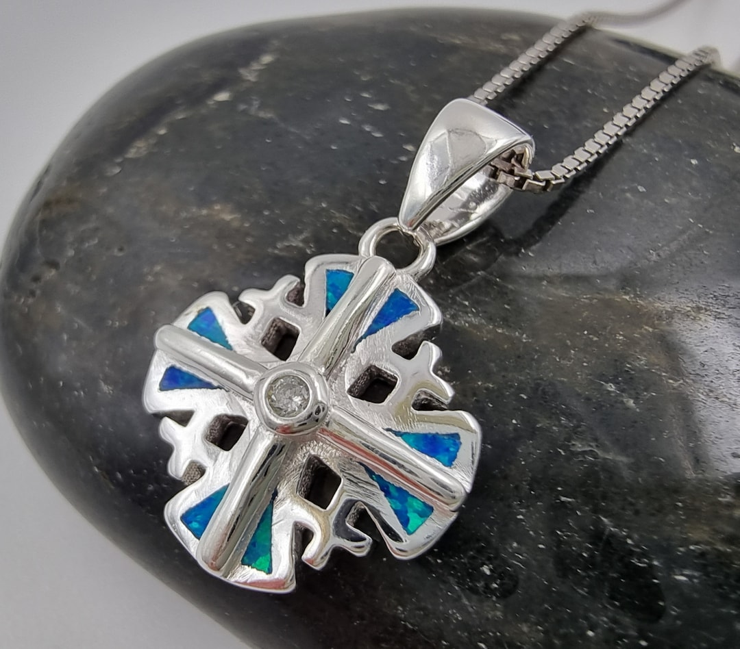 Blue Opal JERUSALEM CROSS Necklace 925 Sterling Silver Pendant With