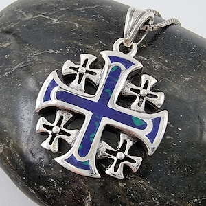 Lapis Lazuli JERUSALEM CROSS Necklace Crusaders Cross Pendant 925 Sterling Silver 24&quot; Chain Certificate Religious Catholic Jewelry Gift