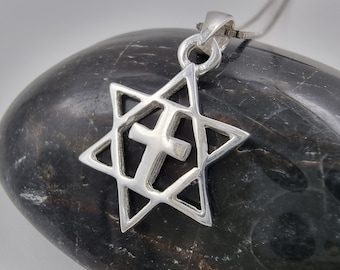 925 Sterling Silver Messianic Seal Grafted In Necklace Jewish Star of David with Cross Messianic Pendant Israel Handmade Jewelry Gift Pouch