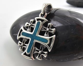 Malachite Jerusalem Cross Pendant, 925 Sterling Silver, Religious Jewelry
