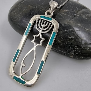 Eilat Stone Messianic Necklace 925 Sterling Silver Star of David Pendant Israel Menorah Jerusalem Seal Charm Religious Judaica Jewelry