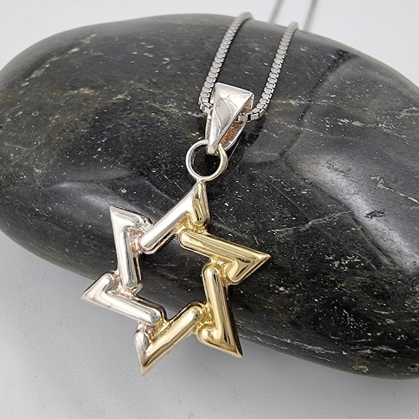 Jewish Star of David Necklace 925 Sterling Silver 14K Gold Two Tone Judaica Pendant Kabbalah Jewelry 18" Chain