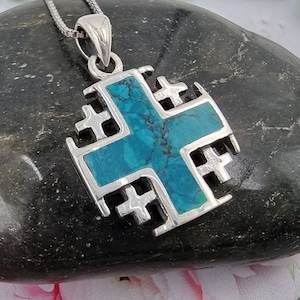 Collar con cruz de Jerusalén de malaquita verde, colgante de cruz de los cruzados de cinco pliegues en plata de ley 925 con certificado, joyería religiosa
