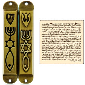 2er Set Messing Messianischer Mesusa-Fall mit Schriftrolle für Tür Menora Davidstern Jerusalem Messianisches Siegel 10 cm / 4 &quot;Heißer Schutz Geschenk